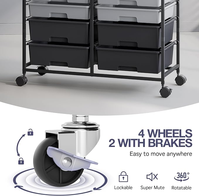 TOOLF 12 Drawers Rolling Storage Cart with Wooden Top for Classroom,Grey | Teacher Cart Craft Art Supply Organizer, Utility Cart with Lockable Wheels for Home Household Essentials, Office Organization - Image 4
