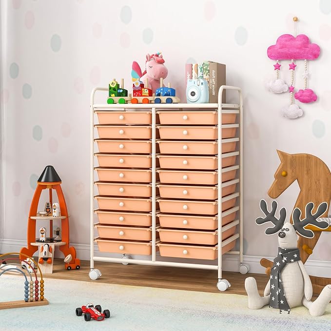 RELAX4LIFE 20-Drawer Rolling Storage Cart - Mobile Rolling Cart w/Drawers for School Classroom Teacher Office Home Salon, Paper File Art Supply Craft Organizer, Utility Cart on Wheels (Pink) - Image 9
