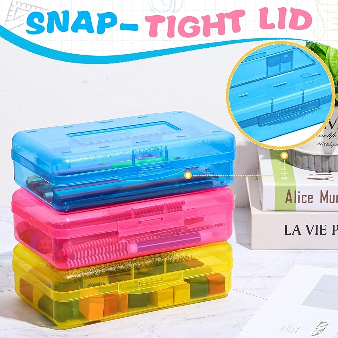 Patelai 30 Pcs Large Capacity Pencil Case Bulk Clear Hard Plastic Pencil Box Organizer with Snap Tight Lid Stackable Crayon Storage Box for Kids School Classroom Home Office 2 Style (Pink Yellow Blue) - Image 4