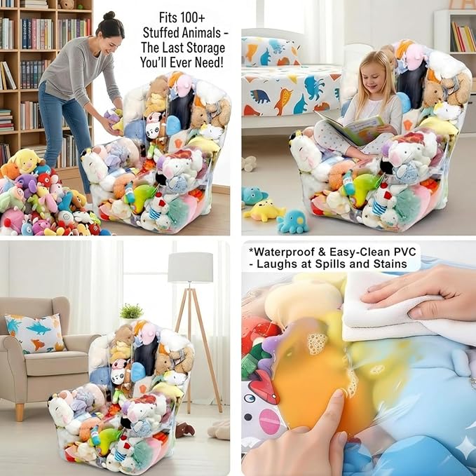 Clear Stuffed Animal Storage Bean Bag Chair Cover - Extra Large 150L, Waterproof & Easy-Clean Toy Organizer with Plastic Window,forNursery, Bedroom, Playroom (Cover Only, No Filler) (Extra large size) - Image 8