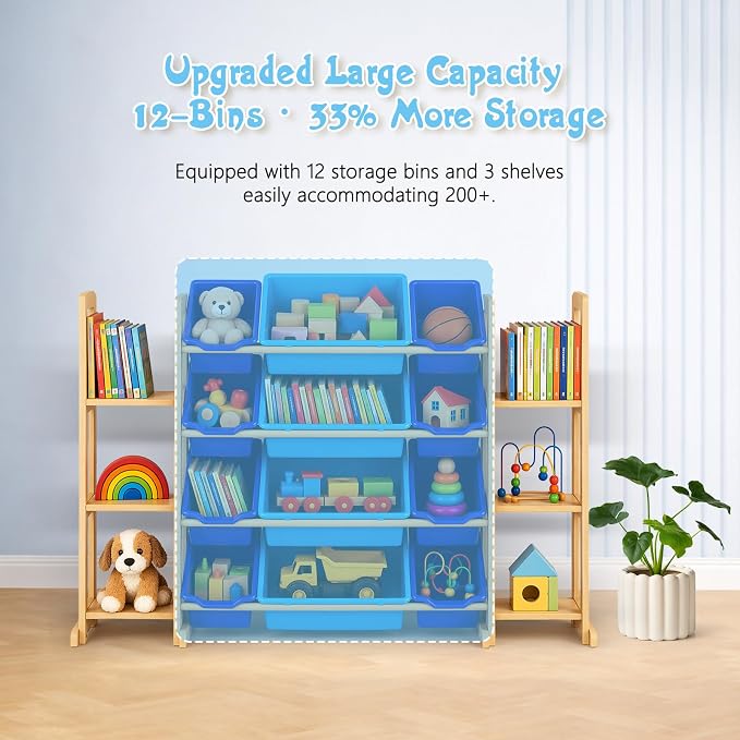 Kids Toy Storage Organizer with Bookshelf – Wooden Shelf with 12 Bins & 6 Shelves, Quick Assembly Storage Rack for Playroom, Bedroom, Nursery– Blue - Image 5