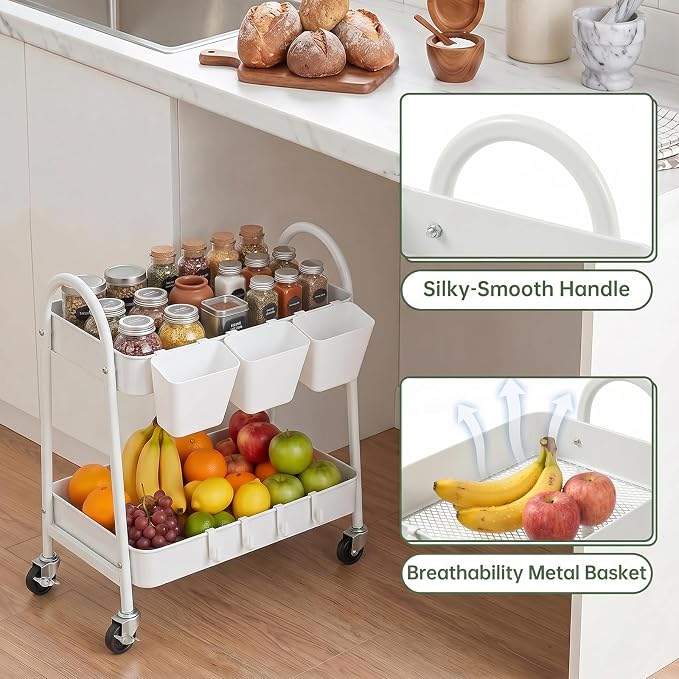 danpinera 2-Tier Rolling Cart, Utility Cart Mobile Metal Rolling Storage Cart with Lockable Wheels & Hanging Cups & Hooks for Kitchen, Bathroom, Office, Workshop, Purple - Image 3