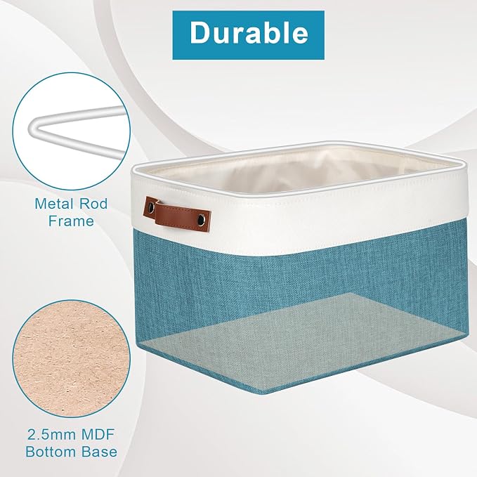 Storage Bins Large Fabric Storage Baskets for Shelves 3 Pack, Decorative Linen Closet Baskets with Handles for Organizing, Shelf, Clothes, Home, Office, 15x11x9.5Inches (Teal&White) - Image 4