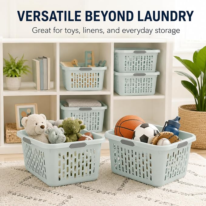 Laundry Basket 2 Bushel Plastic with 4 Handles 6 Pack Mint for Home | 6-Pack 2 Bushel Laundry Baskets with 4 Comfort-Grip Handles – Carries easily from any side. Rectangular ventilation holes. - Image 7