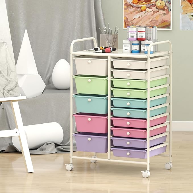RELAX4LIFE 15 Drawer Rolling Storage Cart, Classroom Organization for School Teacher Office, Mobile Craft Art Supply Organizer, Utility Carts on Wheels for Paper Tools Scrapbook (Ice Cream Multicolor) - Image 9