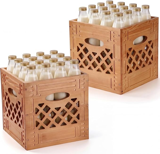 2 Pack Wooden Milk Crate, 11 x 11 x 11 Inch Stackable Rustic Wood Storage Crate with Handles, Decorative Farmhouse Basket Organizer for Home, Kitchen, Office by Geelin