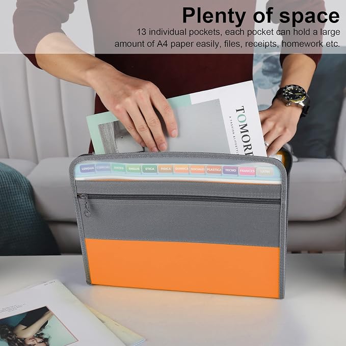NAFY Expanding File Folders, 2Pack 13 Pockets Document Organizer with Zipper, A4 Letter Size Portable Accordion Expanding File Folders with Multicolor Labels for Office School Supplies (Black+Orange) - Image 2