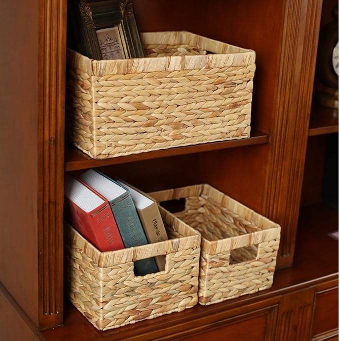 Storage Baskets,Woven Natural Water hyacinth Box with Handle,Kingwillow.(Set of 3) - Image 2