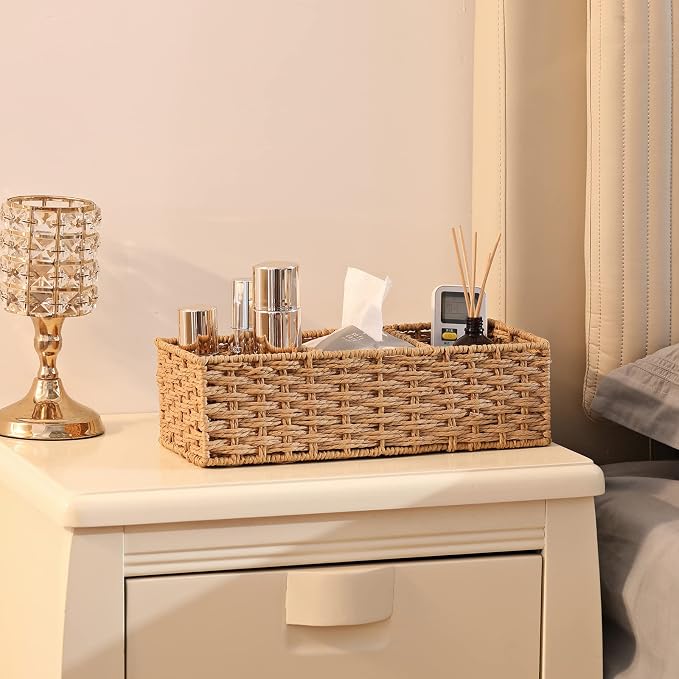 3-Section Wicker Baskets for Shelves, Hand-Woven Round Paper Rope Wicker Storage Basket, Toilet Paper Basket for Toilet Tank Top, Baskets for Organizing, 2-Pack - Image 7