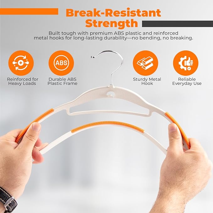 Lightweight White Plastic Hangers 20 Pack with Cascading Hook, Space Saving Thin, Closet Organizer, Orange Anti-Slip Pads, 360° Swivel, Tie Holder - Image 6