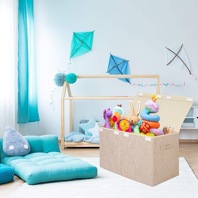 2 Pack Large Toy Box Storage with Lid, Collapsible Sturdy Toy Chest Storage | Toy Chest with Rivets Handles for Kids, Boys, Girls, Nursery, Playroom, Living Room, Bedroom, 25"x 13" x 16" (Linen Gray) - Image 2