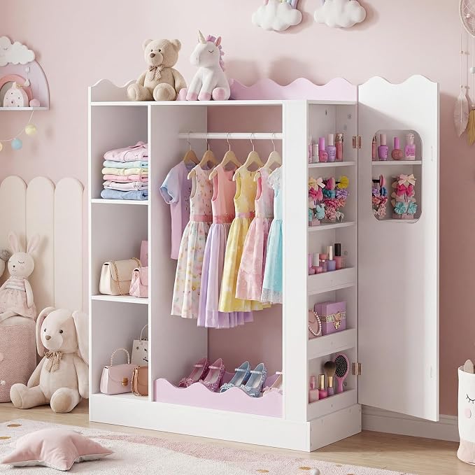 Costzon Kids Dress Up Storage with Mirror, Children Wardrobe Closet with Open Hanging Rack, Shelves and Cabinet, Kids Armoire Costume Organizer for Bedroom, Kids Room, Playroom, Preschool (White) - Image 2