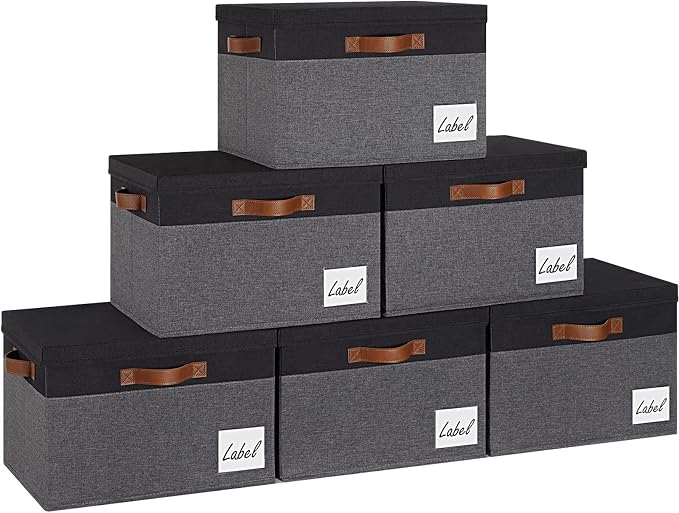 GhvyenntteS Storage Bins with Lids 6 Pack, Large Storage Baskets with Lid and 3 Handles, Foldable Fabric Storage Boxes with Lid and Label for Home Office (Grey&Black, 15" x 11" x 9.7") by GhvyenntteS