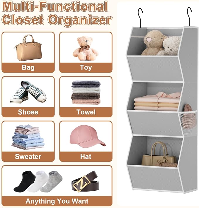 Closet Hanging Organizer with Pockets, 3 Shelf Hanging Clothes Organizers | Kids Closet Organizers and Storage for Clothes Fabric Hanging Storage Bins for Wardrobe Closet Organization and Storage, Grey - Image 5