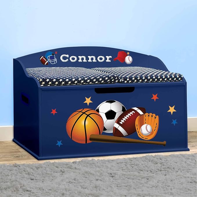 DIBSIES Personalized Creative Wonders Toy Box, Sports, 30 x 19.25 x 18 inches, Soft-Close Lid (Blue) - Image 3