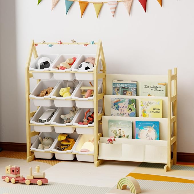 Wooden Toy Storage Organizer Kids Bookshelf, with 12 Toy Organizer Bins, Child Book Shelf for Kids Rooms, Nursery, Baby Room, Playroom, Montessori Toys Storage Organizers Rack Bookcase Shelves by Unknown