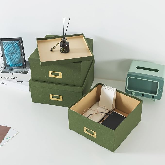 Soul & Lane - Green Decorative Memory Storage Boxes with Lids, Set of 3 | Square Stacking Kraft Photo Storage with Gold Label Holders, Large Nesting Cardboard Boxes for Office, Crafts and Paper - Image 8