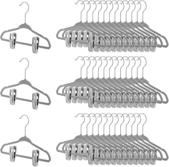 50 Pack Velvet Hangers for Baby & Kids, 11 Inch Non-Slip Infant Clothes Hangers with 100 Multi-Use Adjustable Clips, Slim Space Saving Hanger for Nursery Closet, Toddler Skirts Pants Coat,Grey by Soaoo
