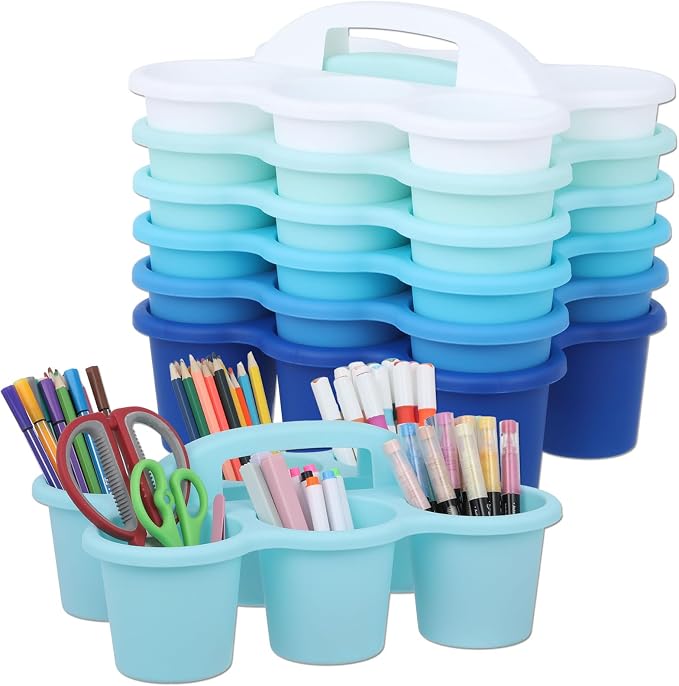 6 Pack Classroom Caddy Organizer with Handle, 6 Compartments, Gradient Blue | Stackable Plastic Table Caddies, 12x9x3.5 In, caddy Organizer for School Supplies, Crayons, Pencils, Crafts and Drink Cups by gisgfim