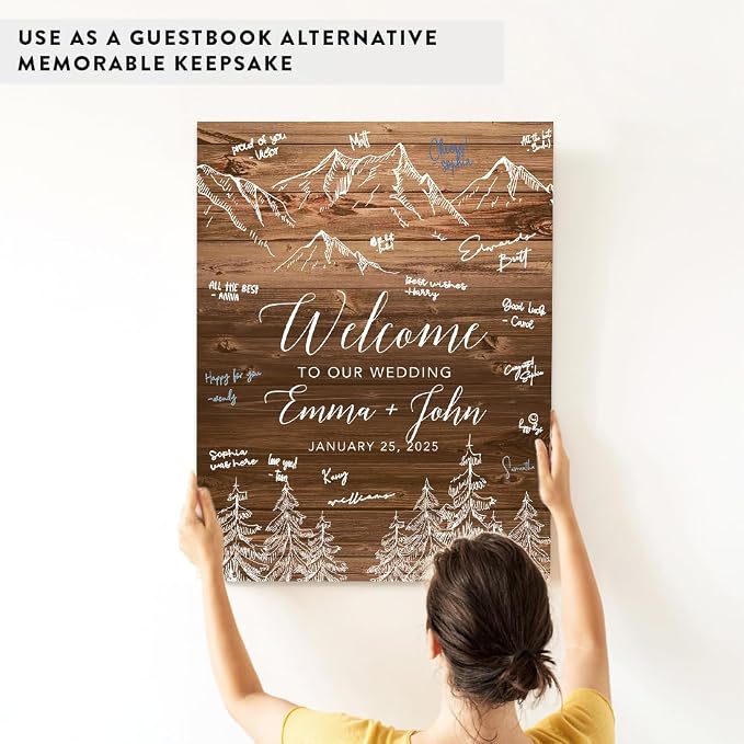 Andaz Press Custom Large Canvas Wedding Guest Book Alternative, 16 x 20 Inches, Rustic Wood White Forest Vertical Personalized Sign Our Canvas Guest Book Signs For Wedding Rustic Woodland Theme Events - Image 6