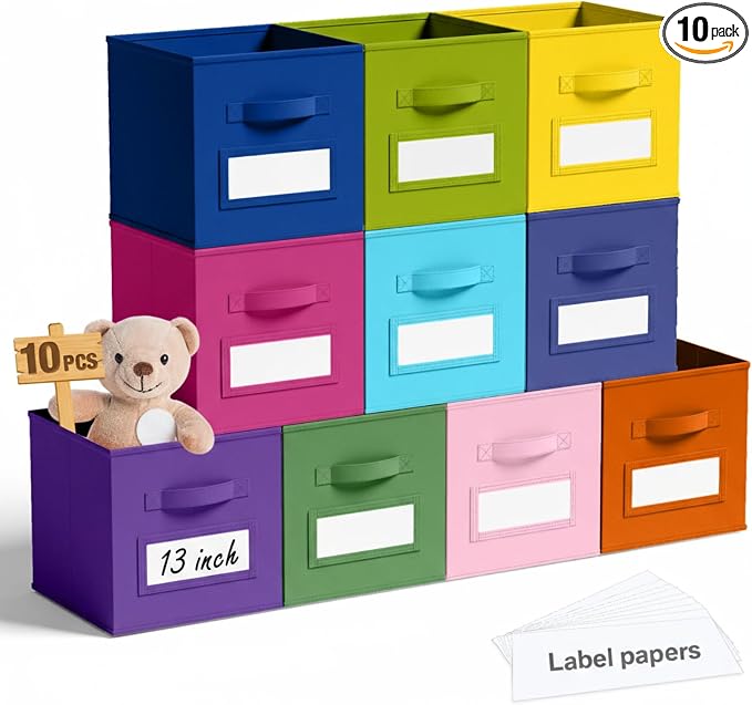 Teenyyou 10 Pack Fabric Storage Cubes 13 Inch Collapsible Cube Bins with Label Window & Handle Foldable Organizers Baskets for Shelf Closet Nursery Kids Room Clothes Book Toy(Candy) by Teenyyou
