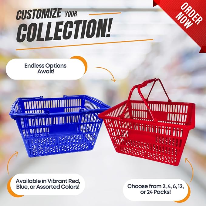 Stackable Plastic Shopping Baskets, Red and Blue, Easy-Grip Handles for Grocery, Retail, Liquor Stores, Home Use (12-pack, Red) - Image 7