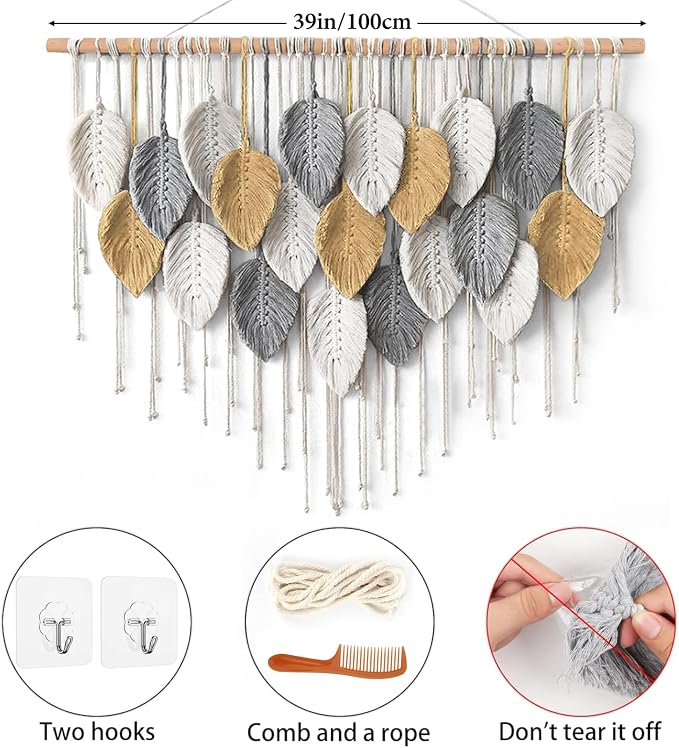 Large Macrame Wall Hanging Boho Woven Tapestry Chic Modern Home Decorations | KHOYIME Bohemian Farmhouse Handmade Leaf Feather Wall Art Decor for Living Room Bedroom Nursery Dorm Backdrop 39" W X 29.5" L - Image 2