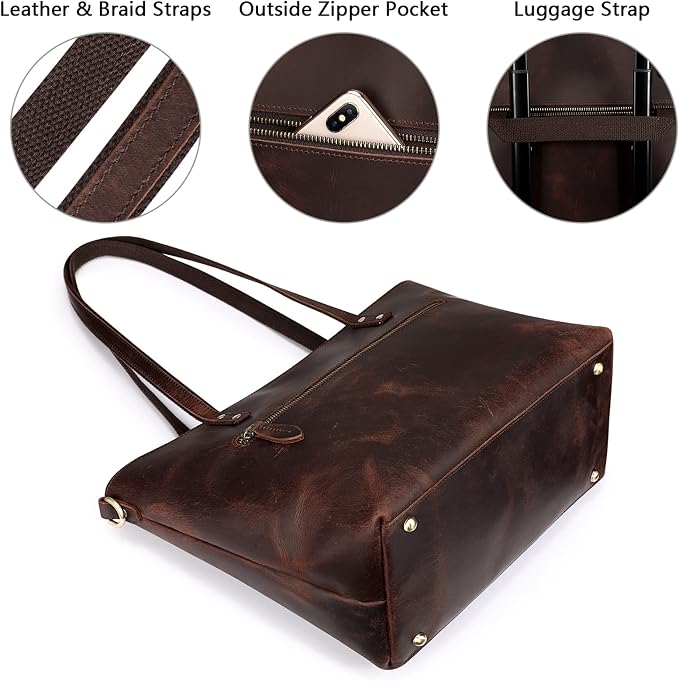 S-ZONE Women Vintage Genuine Leather Tote Bag Large Shoulder Purse Work | 14" Padded Laptop Compartment, Detachable Long Strap, Luggage Strap, Multi Pockets, Travel Everyday - Image 3
