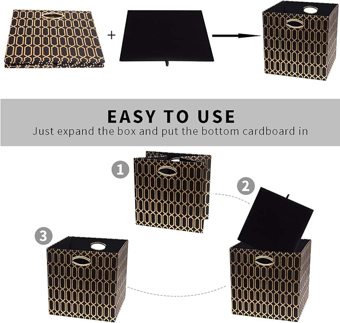 Posprica Storage Bins, Storage Cubes,13×13 Fabric Drawers Organizer Basket Boxes Containers (13×13×13/4pcs, Black/gold geometry Pattern) - Image 2