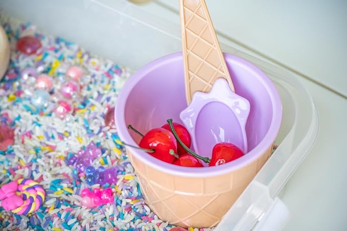 Sweets Shop Sensory Bin Kit for Kids | Bright Rainbow Rice, Candy Erasers, Donut Containers & Wooden Tools – Includes Clear Storage Bin - Image 5
