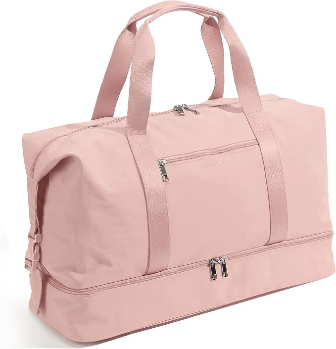 Oeihuivt Weekender Bags for Women, Pink, 21 Inch, 2-Piece Set | Large Travel Duffel Bag, Shoe Compartment, Heavy-Duty Canvas Leather, Carry On Overnight Tote by Oeihuivtweekenderbag