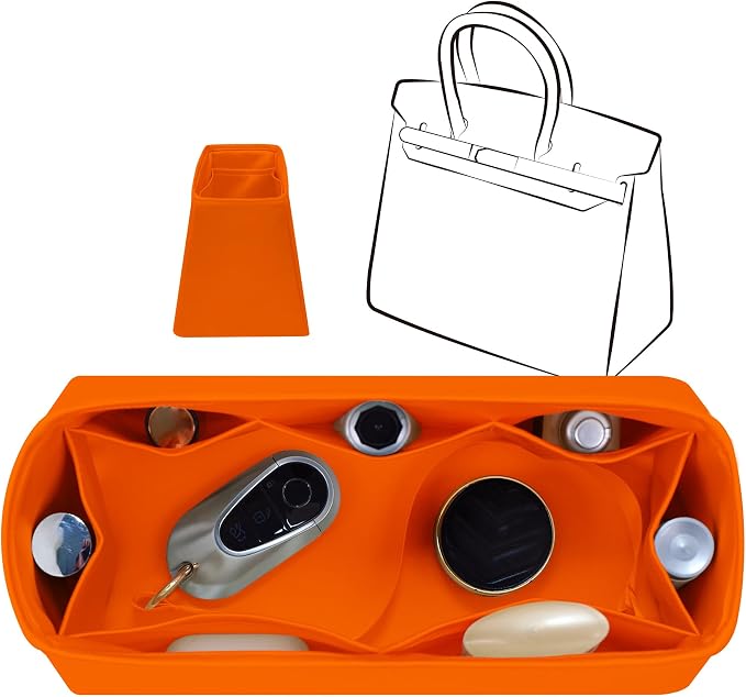 Fits for Brikin Bag Insert Organizer For Hermes(25 S,Orange) | Premium Silk Material,Smooth Touch,Lightweight,zipper,protect from scratches & stains,multiple pockets,keychain,waterproof by JLYZMoon