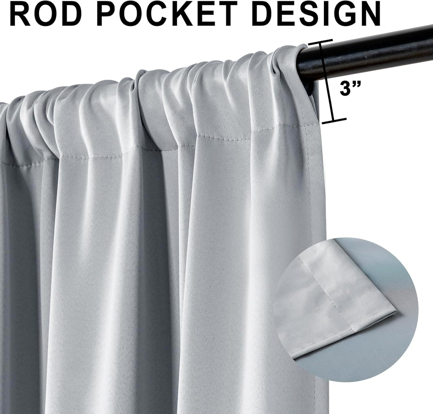 XWZO 100% Blackout Curtains 63 Inches Long with Tiebacks- Rod Pocket Heat and Full Light Blocking, Thermal Insulated Window Panels for Bedroom/Nursery, Light Grey, W60 x L63, Set of 2 Draperies