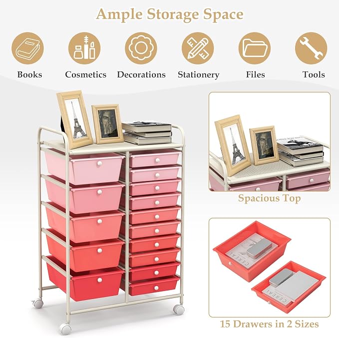 Moccha 15-Drawer Rolling Storage Cart - Under Desk Storage Drawers with wheels for Craft Art Supply Paper Salon, Scrapbook Paper Tools, Mobile Utility Cart for Classroom (15 Drawers, Gradient Pink) - Image 4