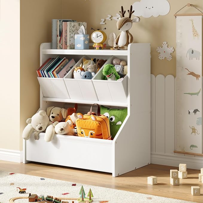 Kids Toy Storage Organizer with Wooden Display Shelf for Playroom & Nursery | Open shelves and removable bins encourage children to read, play and clean up independently, patent design by FOUCSSOMEI