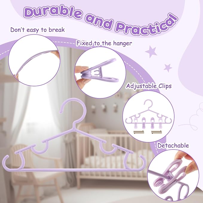 Hsei Baby Hanger with Clip for Pant,120 Packs Total,Purple,10.6 Inch | 40 Kids Plastic Hanger with 80 Clips for Newborn, Nursery, Daycare, Preschool, Closet, Wardrobe Organizer for Baby Shower - Image 3