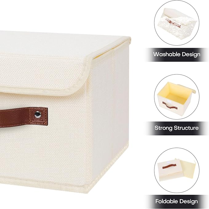 ANMINY Fabric Storage Box Bins with Lids, Beige, 10"x8"x7" | Keepsake Memory Storage, Cotton Linen, PP Board Reinforced, Washable, PU Handles, Foldable & Stackable, Decorative, Small - Image 4