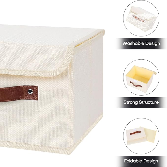 ANMINY Fabric Storage Box Bins with Lids, Beige, 10"x8"x7", 4 Pack | Keepsake Memory Storage, Cotton Linen, PP Board Reinforced, Washable, PU Handles, Foldable & Stackable, Decorative, Small - Image 4