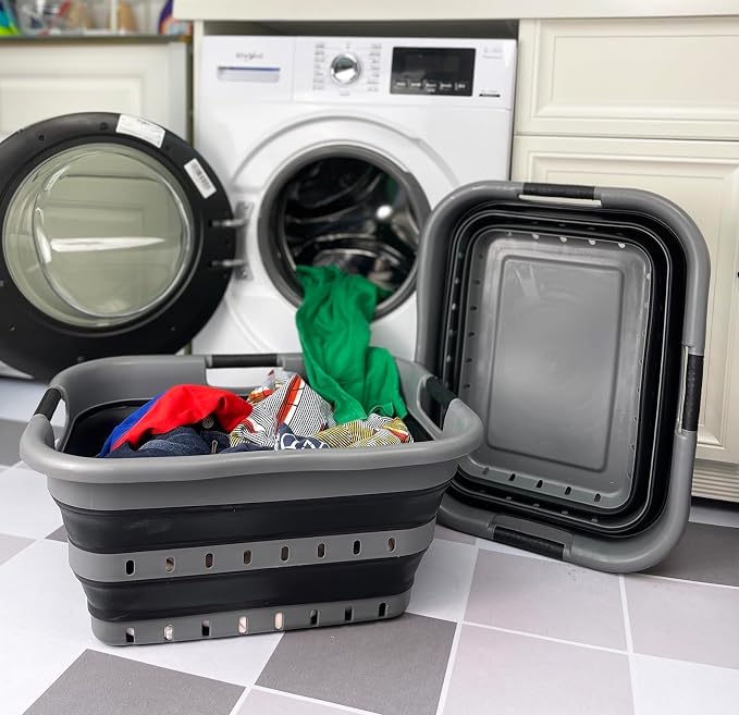 SAMMART 41L (10.8 gallon) Set of 2 Collapsible 3 Handled Plastic Laundry Basket-Foldable Pop Up Storage Container/Organizer-Portable Washing Tub-Space Saving Hamper/Basket (2, Grey/Black) - Image 2