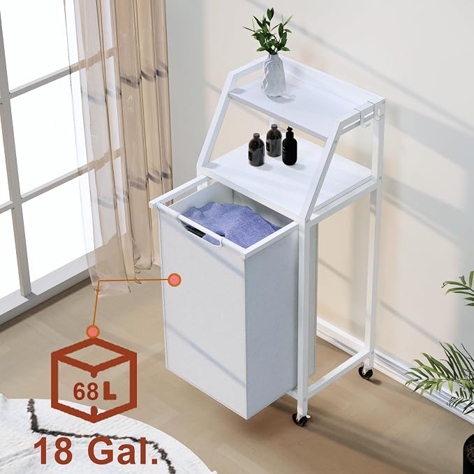 Laundry Hamper, Laundry Sorter, Rolling Laundry Basket with Wheels, 2 Shelves, 18 Gal(68L), Pull-Out and Removable Oxford Fabric Bags, White and Grey - Image 2
