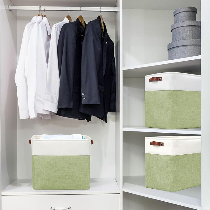 Large Fabric Storage Baskets | 50L Storage Bins, Decorative Linen Closet Baskets with Handles for Organizing, Shelf, Toys, Clothes, Home, Office, Nursery, 17x12x15Inches (Green&White) - Image 2