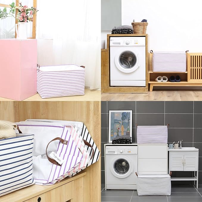 Hinwo 70L Extra Large Canvas Storage Bin with Lid and Handles | Collapsible Fabric Basket, Closet Shelf Organizer, Container for Clothing, Blankets, Toys, Bedding (Purple Stripe) - Image 3
