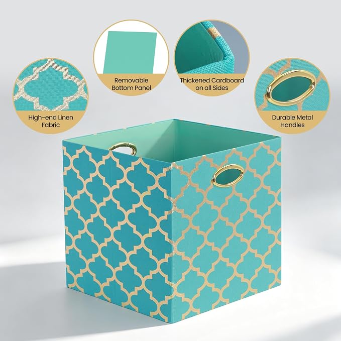 Posprica 13x13x13 Storage Cube Bins, Collapsible Storage Bins Fabric Storage Cubes Organizer Baskets Box Drawers for Shelves, Closet, Wardrobe, Bookshelf, Cabinet, Sky Blue/Gold Lantern, 4 Pack - Image 3