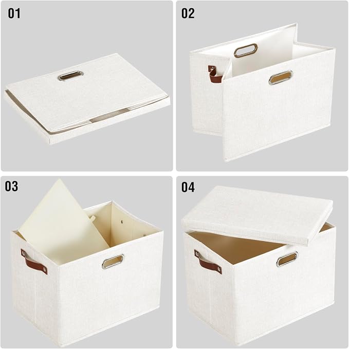 17" Large Fabric Storage Box with Lids, 3-Pack, White | Stackable, Foldable, 2 PU Handles and 2 Metal Handles, Decorative Fabric, For Home, Bedroom, Closet, Office, Nursery - Image 5