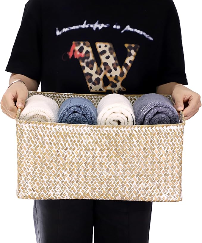 Hipiwe Wicker Storage Basket Bin X-Large Rectangular Opened Baskets Box | Handwoven Seagrass Basket Box with Handle for Shelf Organizing Closet Bathroom, 15.7" L x 11.8" W x 7.5" H - Image 8