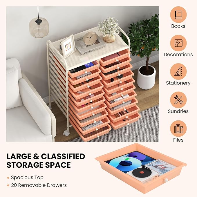 RELAX4LIFE 20-Drawer Rolling Storage Cart - Mobile Rolling Cart w/Drawers for School Classroom Teacher Office Home Salon, Paper File Art Supply Craft Organizer, Utility Cart on Wheels (Pink) - Image 4