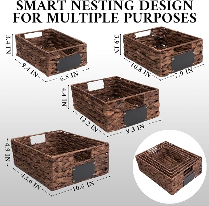 Set of 4 Sizes Hand-Woven Pantry Shelf Baskets, Hyacinth Storage Baskets with Chalkboard Labels & 2 Chalk Markers, Wicker Nestable Basket Set for Organizing Pantry Kitchen Laundry Shelves (Brown) - Image 3
