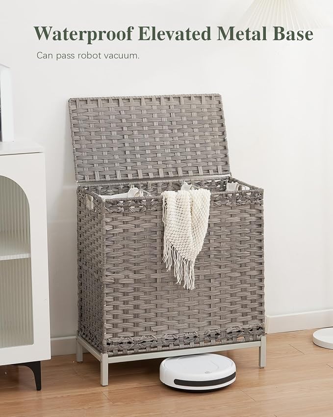 SETVSON Laundry Hamper with Lid, 35 Gal 3-Bag Clothes Sorter, Gray | Large Family Laundry Trunk with Lid, 3 Compartment Sorting Liner, 6 Wash Bags, Elevated PE Rattan Bin with Handles - Image 2