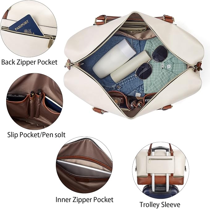 BOSTANTEN Weekender Bags for Women Leather Travel Duffle Bag | Shoe Compartment, Trolley Sleeve, Fits Under-seat, Airline-Friendly Carry-on Size, Weekend Getaways, Overnight, Road Trip - Image 5