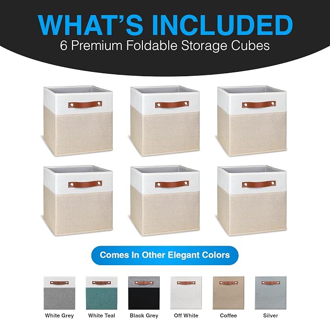 11 Inch Cube Storage Bin - 6 Pack - Linen Fabric 11x11 Cube Storage Bins for Bedroom, Living Room, Clothes and Toys; Foldable, Dual Leather Handles - Image 2